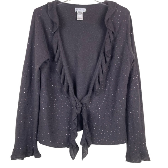 Jigsaw 100% Angora Fabric Brown Open Front Cardigan Sweater Sequins Ruffles Sz L - Picture 1 of 14